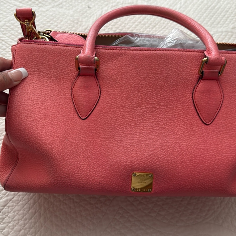 MCM | large two-way pink pebbled leather satchel with detachable crossbody strap